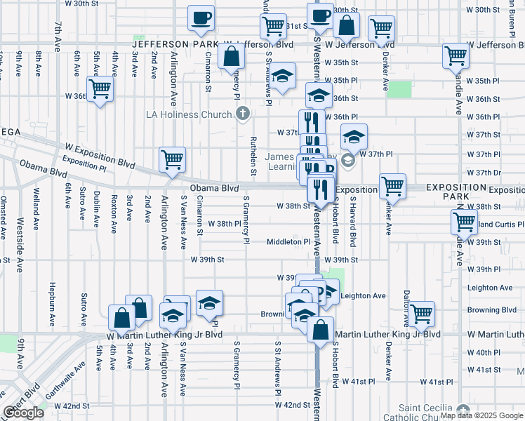 map of restaurants, bars, coffee shops, grocery stores, and more near 1738 West 38th Street in Los Angeles