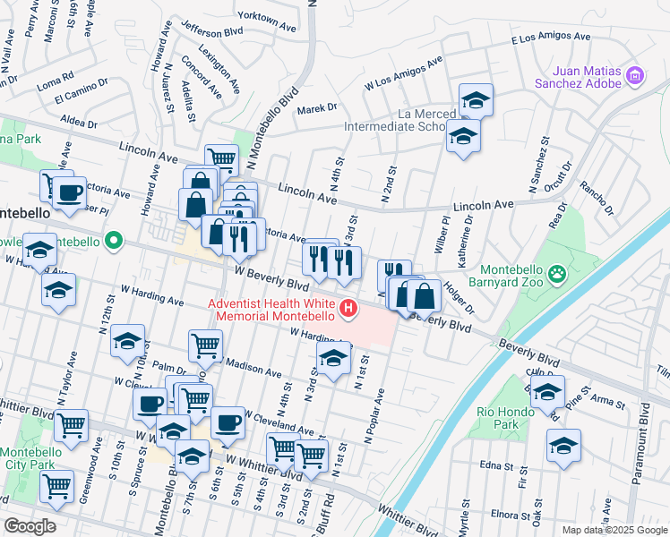 map of restaurants, bars, coffee shops, grocery stores, and more near 525 North 3rd Street in Montebello
