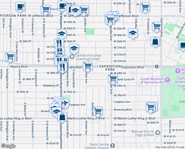 map of restaurants, bars, coffee shops, grocery stores, and more near 1408 West 38th Street in Los Angeles