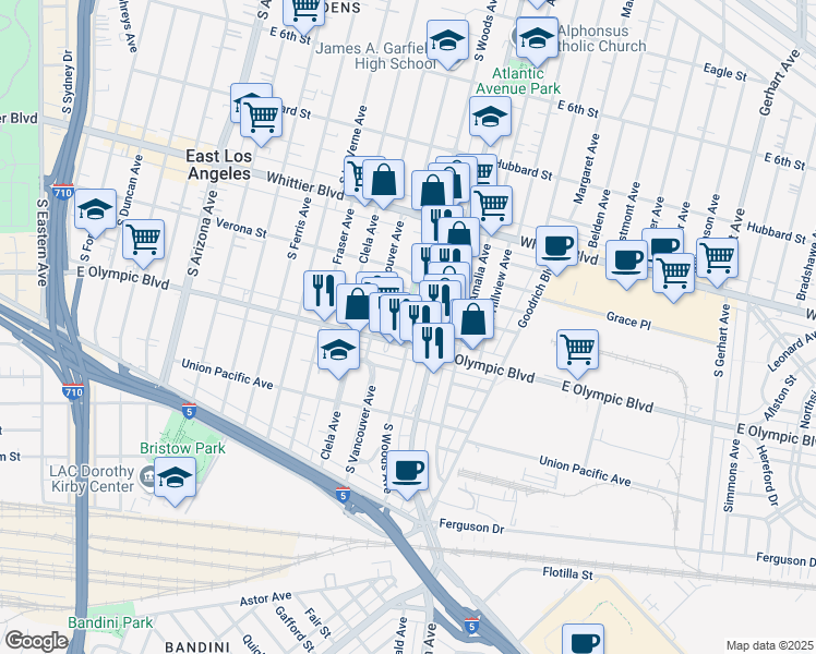 map of restaurants, bars, coffee shops, grocery stores, and more near 934 South Atlantic Boulevard in East Los Angeles