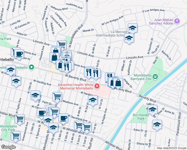 map of restaurants, bars, coffee shops, grocery stores, and more near 525 North 3rd Street in Montebello