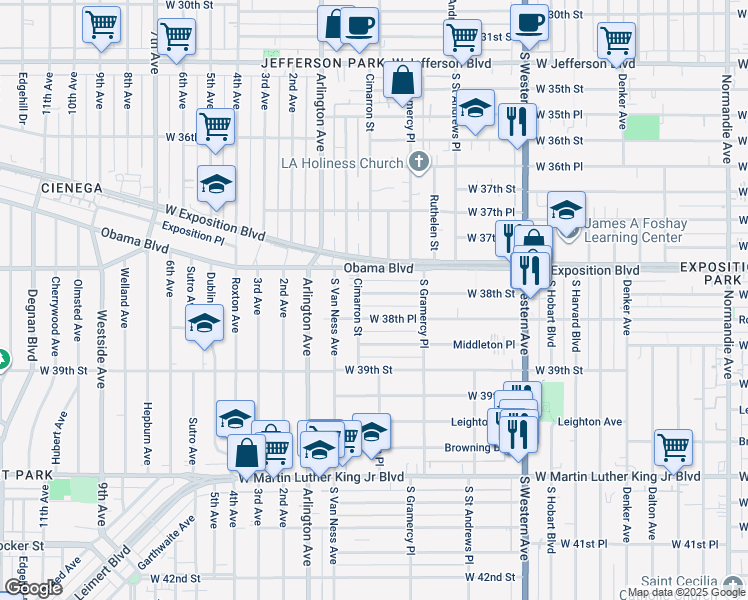 map of restaurants, bars, coffee shops, grocery stores, and more near 1860 West 38th Street in Los Angeles