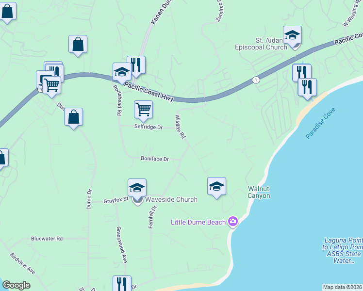 map of restaurants, bars, coffee shops, grocery stores, and more near 6685 Wildlife Road in Malibu