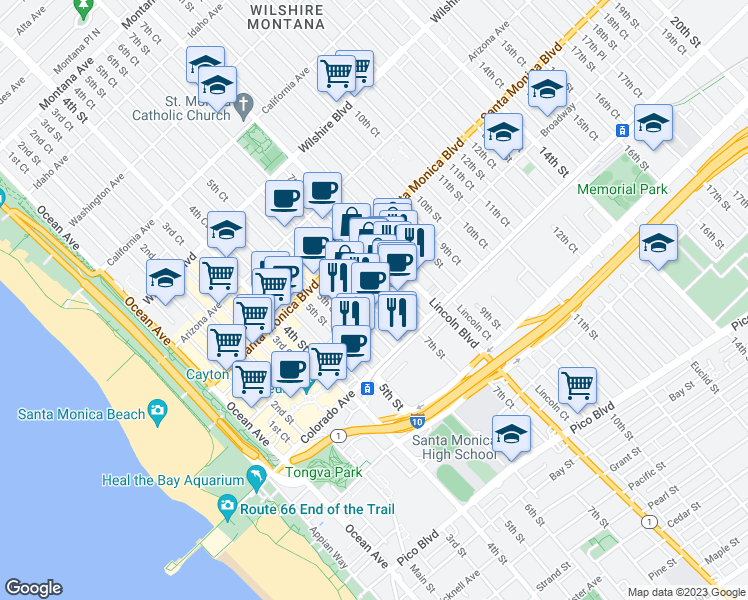map of restaurants, bars, coffee shops, grocery stores, and more near Broadway in Santa Monica