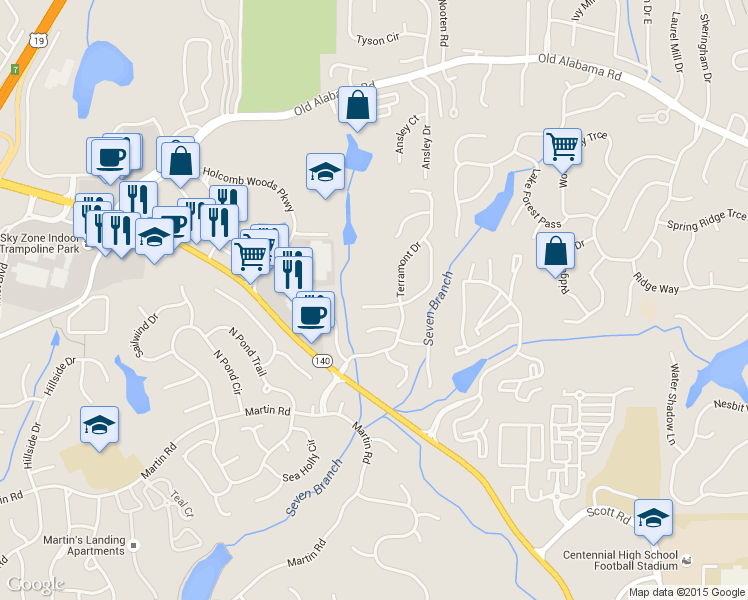 map of restaurants, bars, coffee shops, grocery stores, and more near 670 Creekwood Crossing West in Roswell
