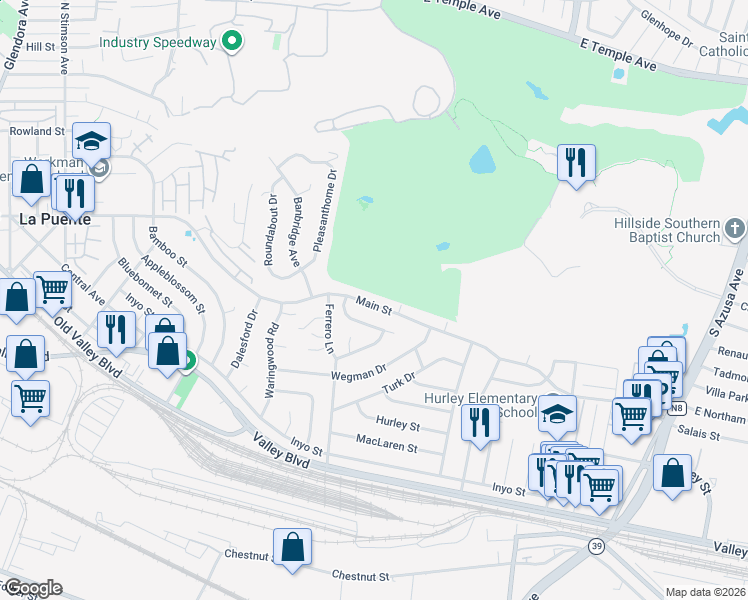 map of restaurants, bars, coffee shops, grocery stores, and more near 16833 Main Street in La Puente
