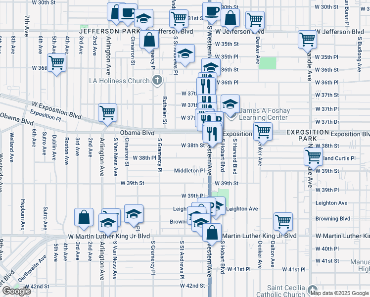 map of restaurants, bars, coffee shops, grocery stores, and more near 3803 South Saint Andrews Place in Los Angeles