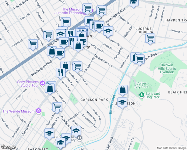 map of restaurants, bars, coffee shops, grocery stores, and more near 4135 La Salle Avenue in Culver City