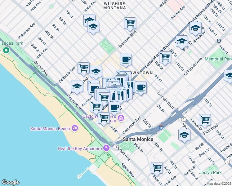 map of restaurants, bars, coffee shops, grocery stores, and more near in Santa Monica