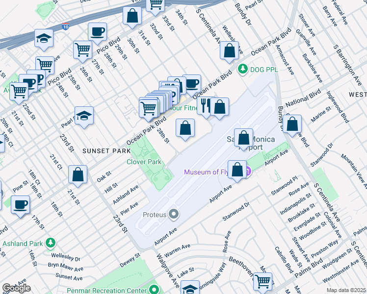 map of restaurants, bars, coffee shops, grocery stores, and more near 2951 Donald Douglas Loop North in Santa Monica