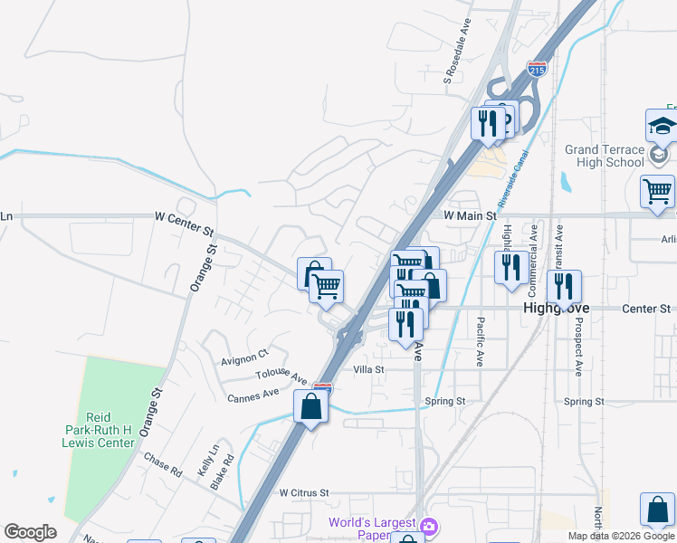 map of restaurants, bars, coffee shops, grocery stores, and more near 265 Stephens Avenue in Riverside