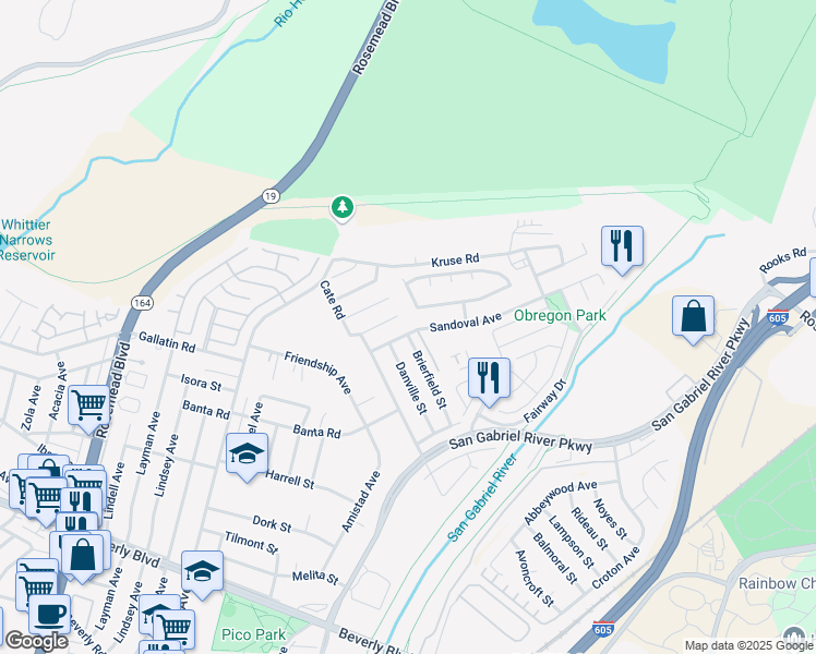 map of restaurants, bars, coffee shops, grocery stores, and more near 3613 Sandoval Avenue in Pico Rivera