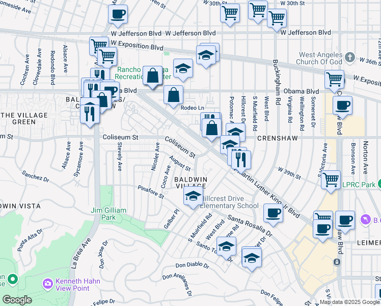 map of restaurants, bars, coffee shops, grocery stores, and more near 4601 Coliseum Street in Los Angeles