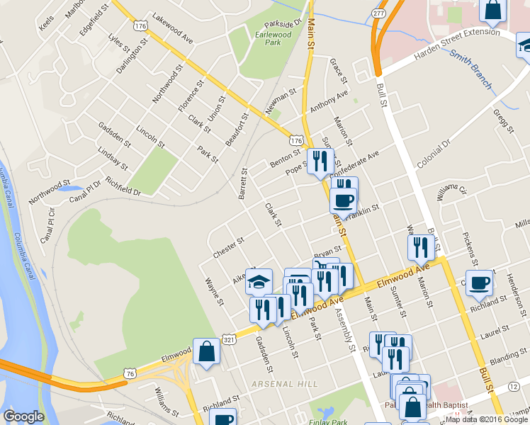 map of restaurants, bars, coffee shops, grocery stores, and more near 2425 Clark Street in Columbia