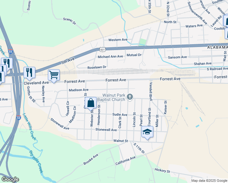 map of restaurants, bars, coffee shops, grocery stores, and more near 3322 Madison Avenue in Gadsden