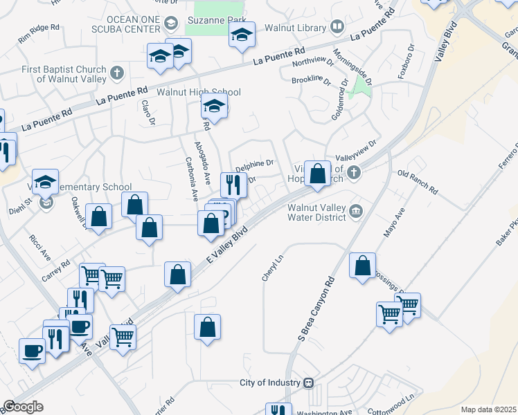 map of restaurants, bars, coffee shops, grocery stores, and more near 20980 Cornerstone Drive in Walnut