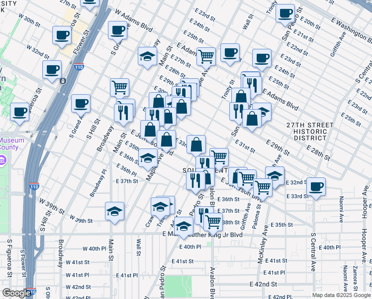 map of restaurants, bars, coffee shops, grocery stores, and more near 354 East 33rd Street in Los Angeles