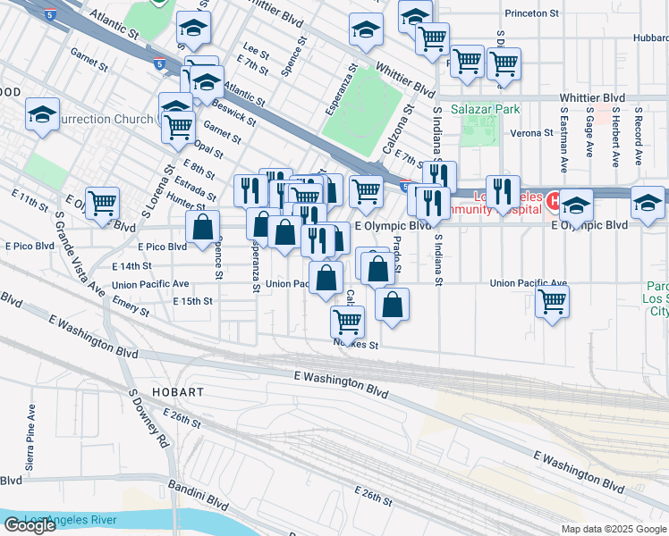map of restaurants, bars, coffee shops, grocery stores, and more near 3701 Union Pacific Avenue in Los Angeles