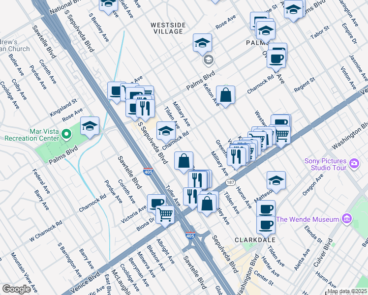 map of restaurants, bars, coffee shops, grocery stores, and more near 3641 Tilden Avenue in Los Angeles