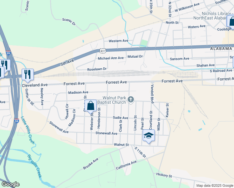 map of restaurants, bars, coffee shops, grocery stores, and more near 3322 Madison Avenue in Gadsden