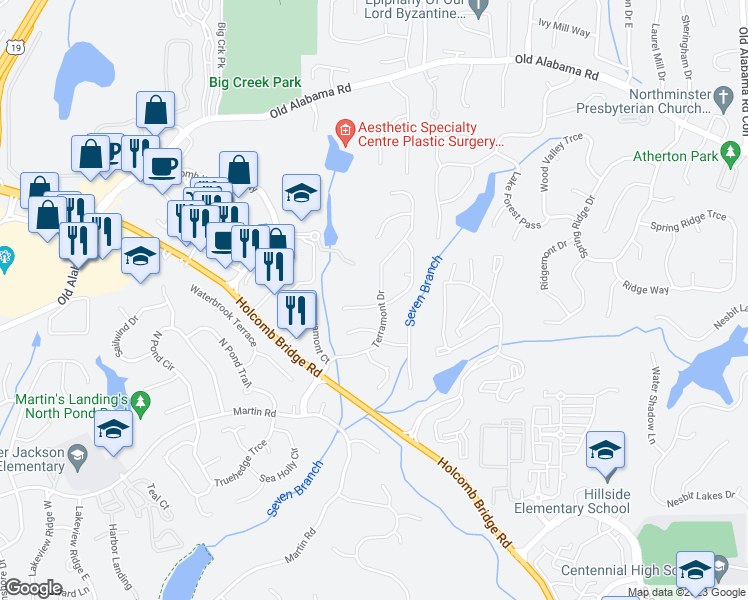 map of restaurants, bars, coffee shops, grocery stores, and more near 640 Creekwood Crossing W in Roswell