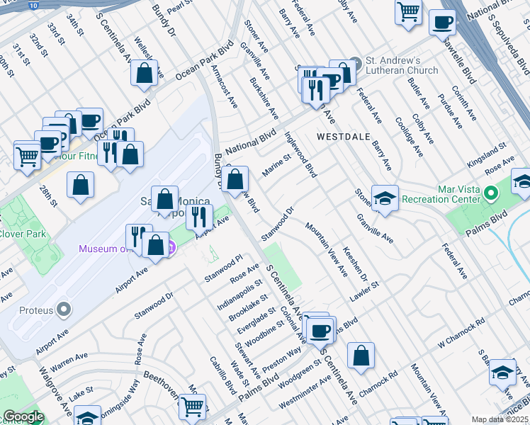 map of restaurants, bars, coffee shops, grocery stores, and more near 3140 Grand View Boulevard in Los Angeles