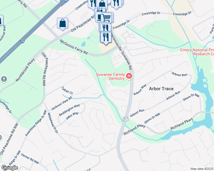 map of restaurants, bars, coffee shops, grocery stores, and more near 2946 Stockholm Way in Suwanee