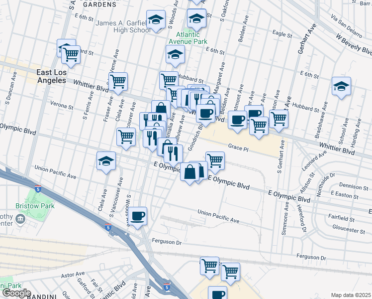 map of restaurants, bars, coffee shops, grocery stores, and more near 1011 Goodrich Boulevard in East Los Angeles