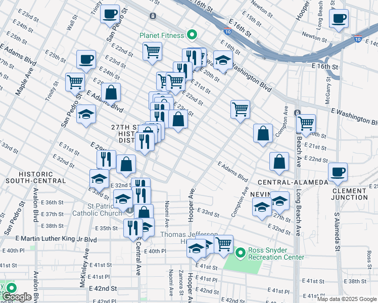 map of restaurants, bars, coffee shops, grocery stores, and more near 1210 East Adams Boulevard in Los Angeles