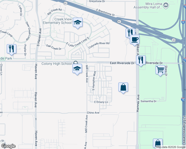 map of restaurants, bars, coffee shops, grocery stores, and more near 3979 East Tulane Way in Ontario