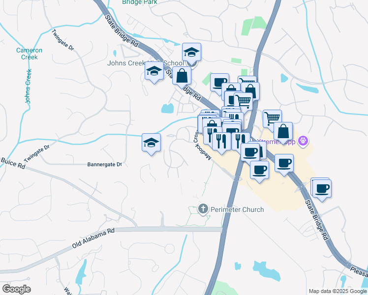 map of restaurants, bars, coffee shops, grocery stores, and more near 9700 Medlock Crossing Parkway in Alpharetta