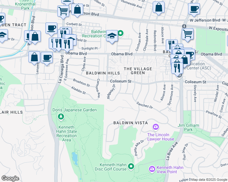 map of restaurants, bars, coffee shops, grocery stores, and more near 3836 South Ridgeley Drive in Los Angeles