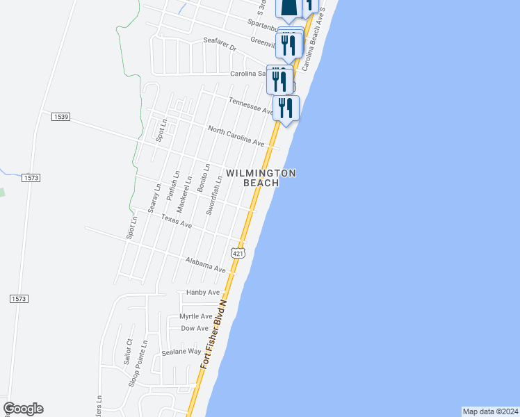 map of restaurants, bars, coffee shops, grocery stores, and more near 1423 South Lake Park Boulevard in Carolina Beach