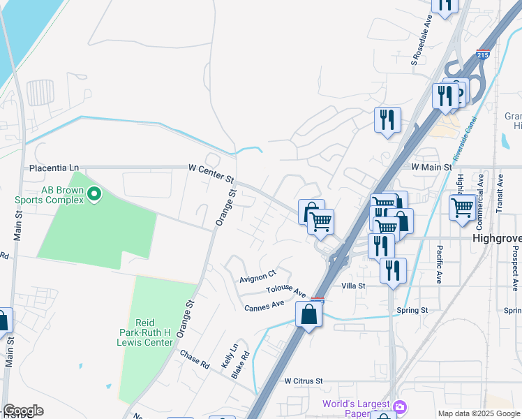 map of restaurants, bars, coffee shops, grocery stores, and more near 370 Orange Street in Riverside