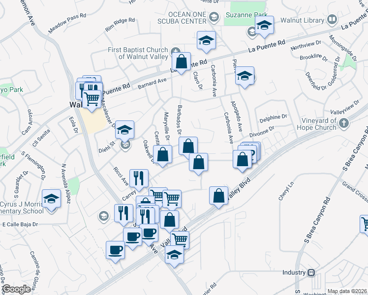 map of restaurants, bars, coffee shops, grocery stores, and more near 20543 Fuero Drive in Walnut
