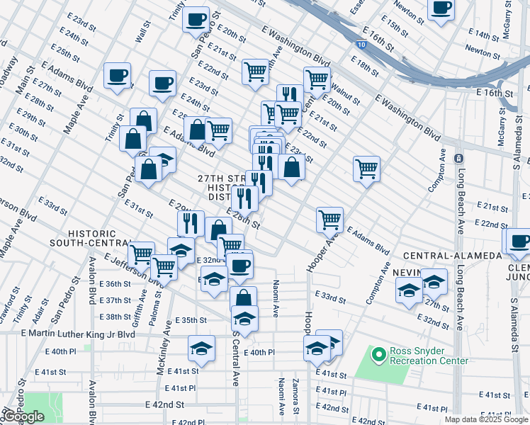 map of restaurants, bars, coffee shops, grocery stores, and more near 2718 South Central Avenue in Los Angeles