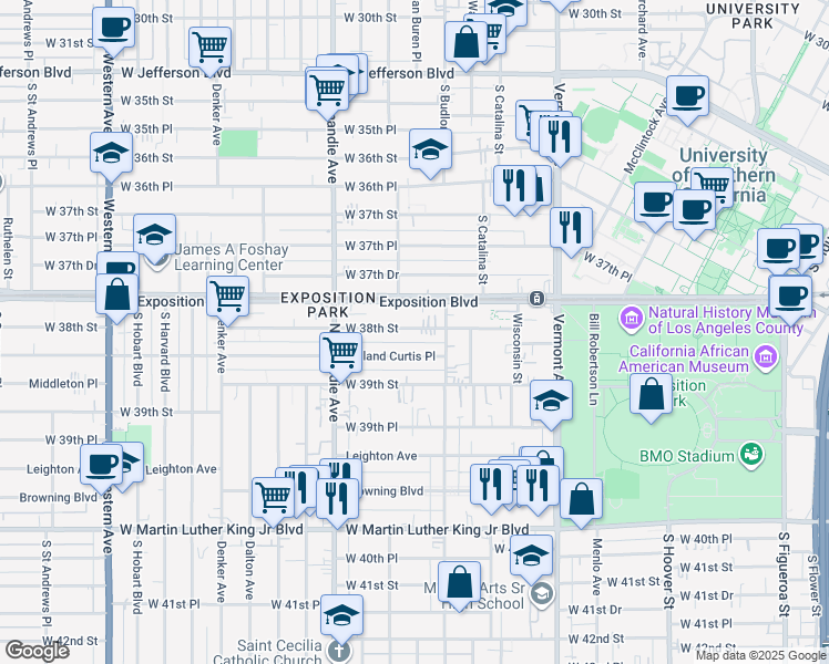map of restaurants, bars, coffee shops, grocery stores, and more near 1200 West 38th Street in Los Angeles