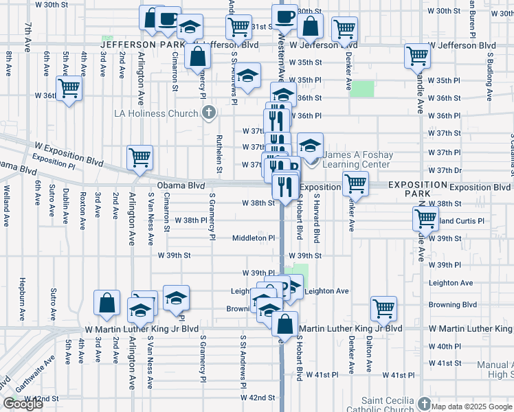 map of restaurants, bars, coffee shops, grocery stores, and more near 3806 South Saint Andrews Place in Los Angeles