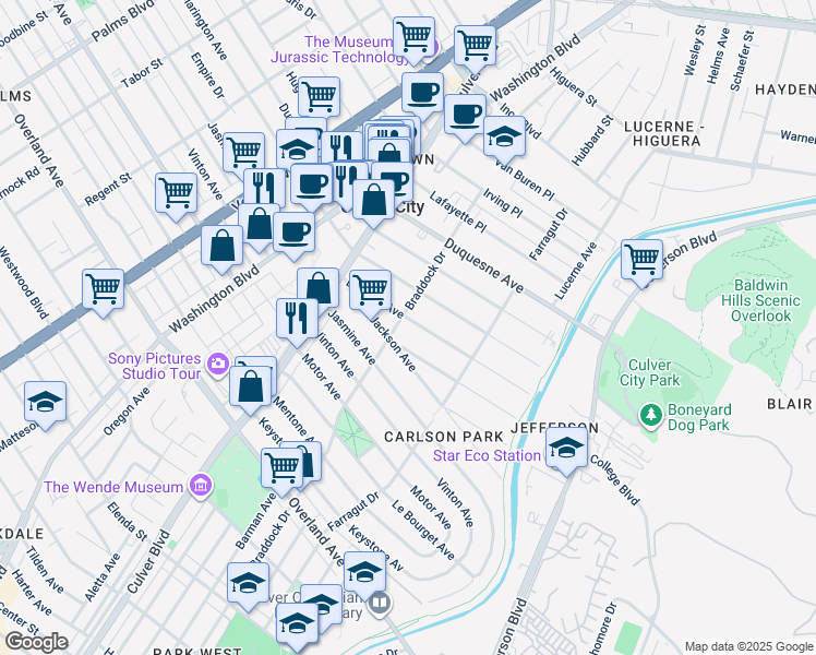 map of restaurants, bars, coffee shops, grocery stores, and more near 4082 Jackson Avenue in Culver City