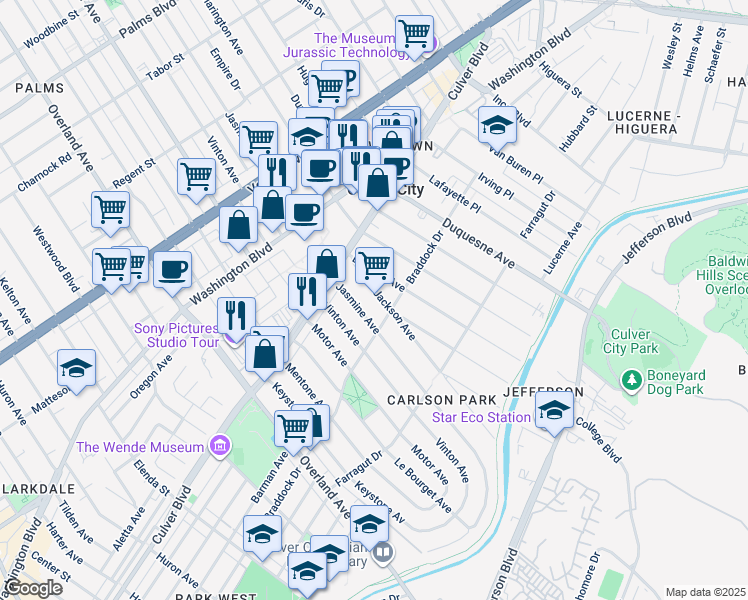 map of restaurants, bars, coffee shops, grocery stores, and more near 4152 Jasmine Avenue in Culver City