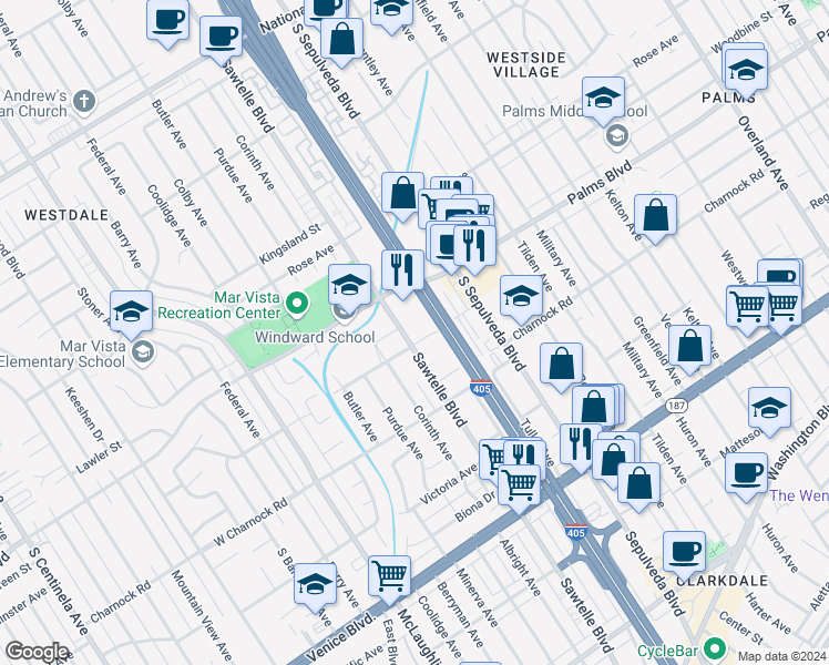 map of restaurants, bars, coffee shops, grocery stores, and more near 11286 Westminster Avenue in Los Angeles