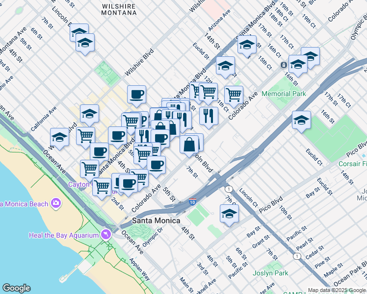 map of restaurants, bars, coffee shops, grocery stores, and more near 1537 7th Street in Santa Monica