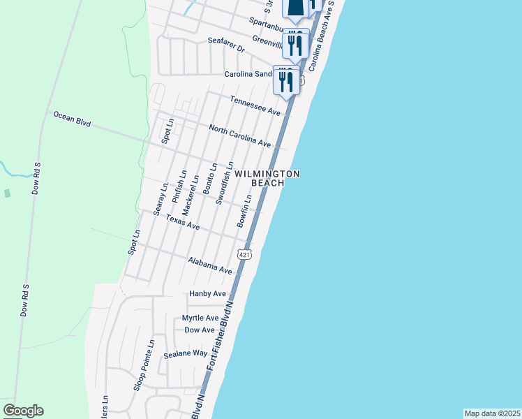 map of restaurants, bars, coffee shops, grocery stores, and more near 1500 South Lake Park Boulevard in Carolina Beach