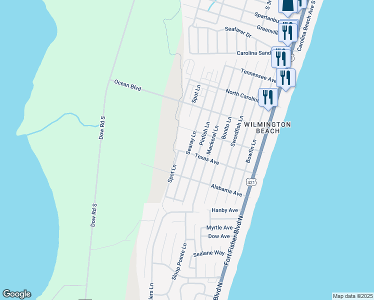 map of restaurants, bars, coffee shops, grocery stores, and more near 800 Texas Avenue in Carolina Beach