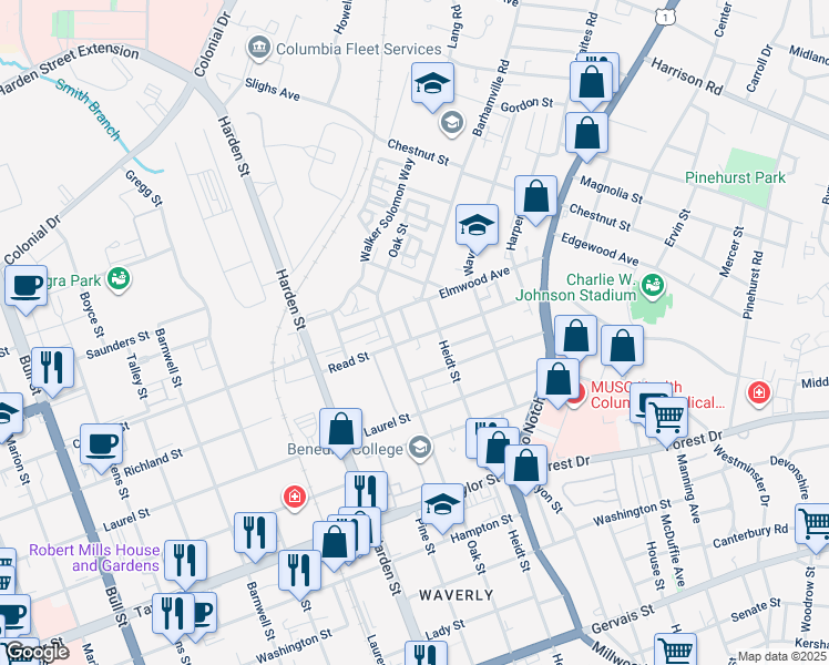 map of restaurants, bars, coffee shops, grocery stores, and more near 2312 Read Street in Columbia