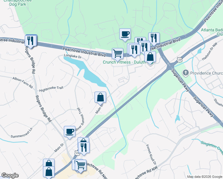 map of restaurants, bars, coffee shops, grocery stores, and more near 3620 Longlake Drive in Duluth