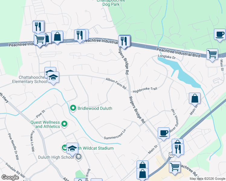 map of restaurants, bars, coffee shops, grocery stores, and more near 2722 Old Coach Road in Duluth