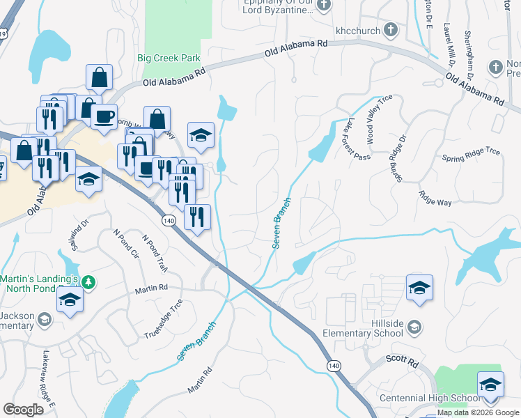 map of restaurants, bars, coffee shops, grocery stores, and more near 640 Creekwood Crossing West in Roswell
