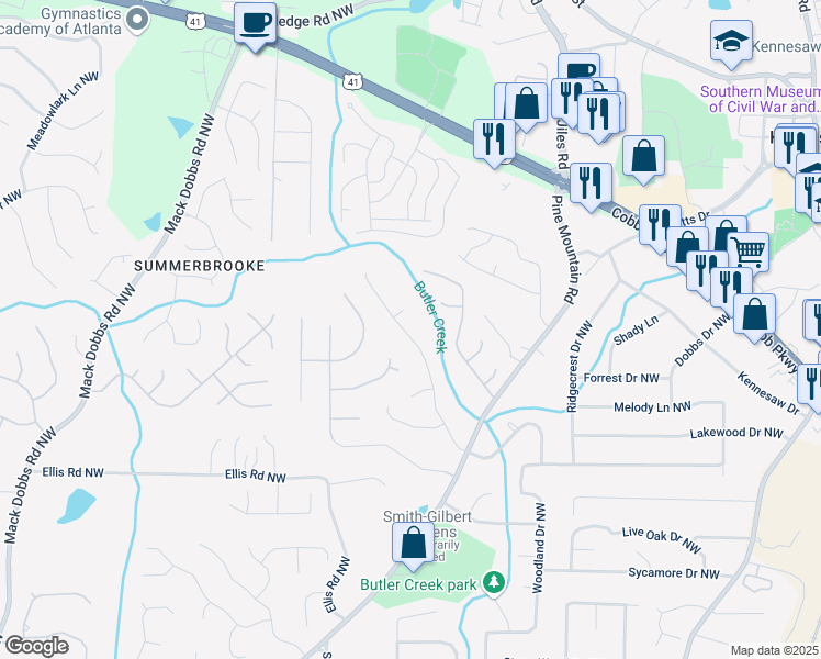 map of restaurants, bars, coffee shops, grocery stores, and more near 2436 Hidden Creek Road in Kennesaw