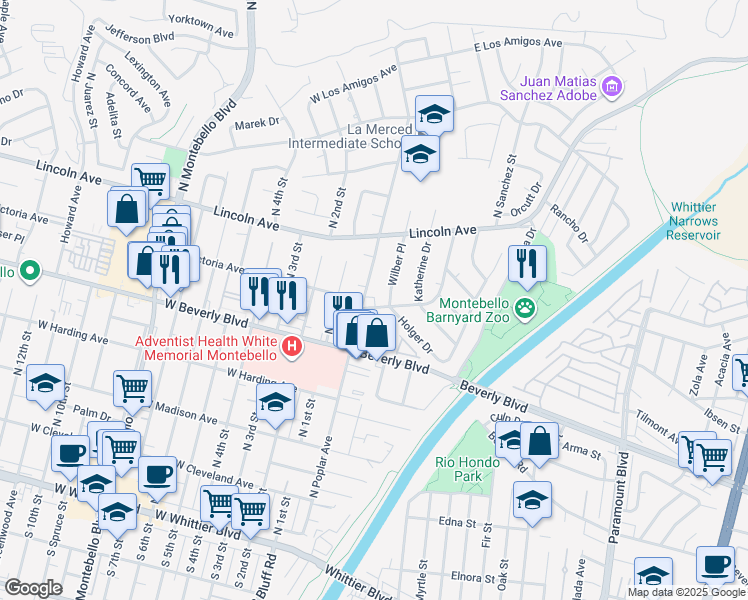 map of restaurants, bars, coffee shops, grocery stores, and more near 208 East Victoria Avenue in Montebello